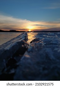 Winter Evening Orange Sunset Broken River Ice  