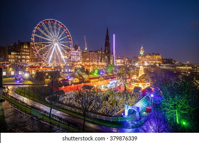 Winter Festival In Old Town Edinburgh At Night, Scotland UK