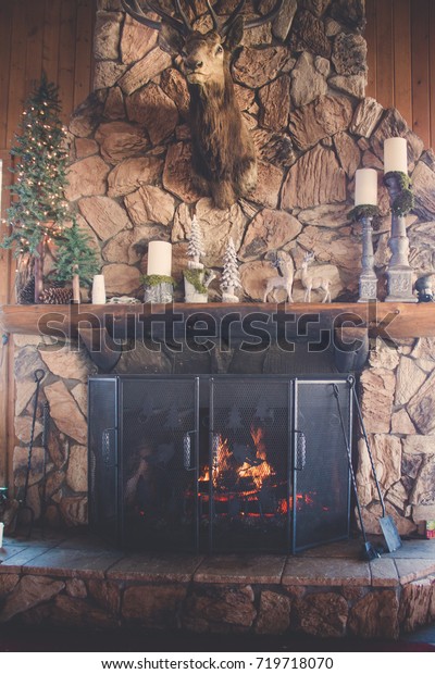 Winter Fireplace Scene Ski Lodge Stock Photo Edit Now 719718070