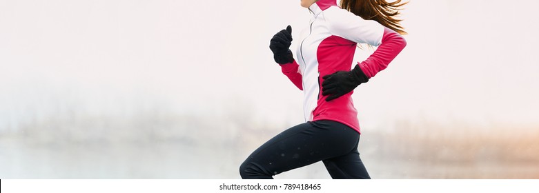 Winter Fitness Woman Running In Cold Weather Clothes Wearing Gloves And Thermal Pants, Jacket Jogging In White Snow Background Landscape Panorama Banner.