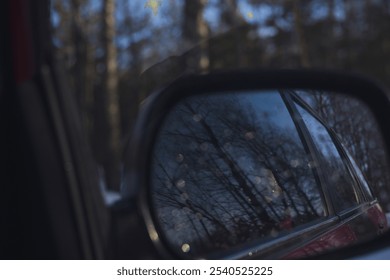 Winter forest in car mirror. Close-up of car rear view mirror reflecting bare trees and soft light of serene winter forest capturing beauty of nature during cold months. - Powered by Shutterstock