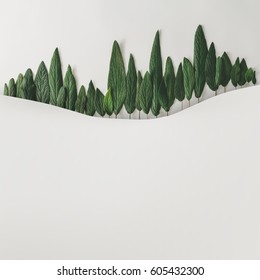 Winter Forest Landscape Made Of Green Leaves On Bright Background. Minimal Nature Concept. Flat Lay.
