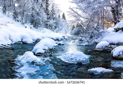 Winter Forest River In Snow