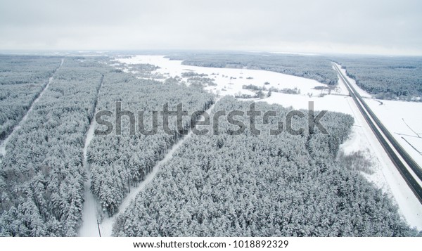 Winter forest and\
the road. View from above. The photo was taken with a drone. Pine\
and fir forest in the\
snow.
