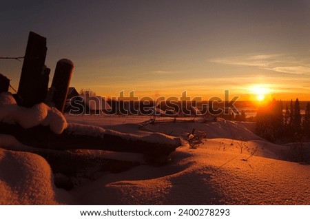 Winter forest snow trees fence village houses sunset