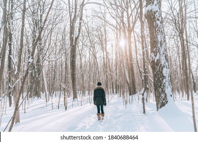 Winter Forest Walk Woman Hiking In Snow With Tall Boots Walking Outdoors Amongst Trees.