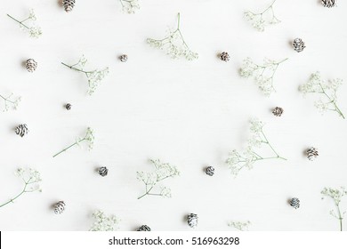 Winter Frame Made Of Pine Cones And Gypsophila Flowers. Top View, Flat Lay