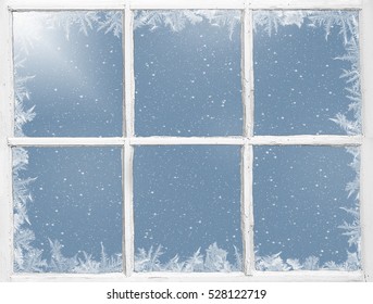 Winter Frost Border And Snowflakes On Weathered Wood Windowpane