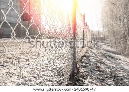 Winter frosty landscape. Metal mesh fence covered with snow and frost.