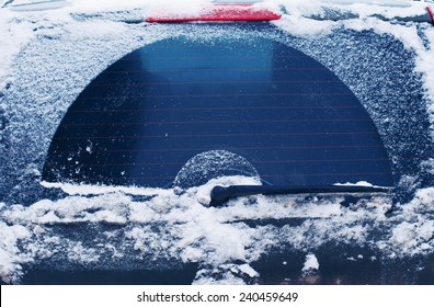 Winter Frozen Back Car Window, Texture Freezing Ice Glass Background