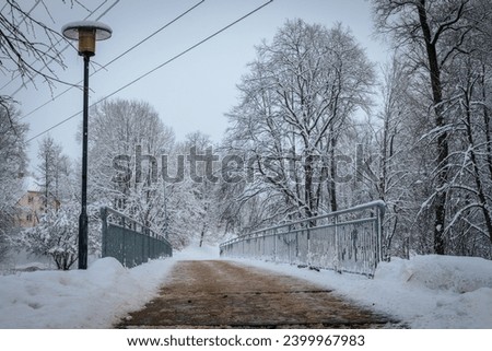 Winter frozen landscape with snowy bridge and icy water. Winter landscape with frozen bridge railings and snowy wires.