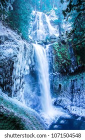 Winter Frozen River Nature Landscape. Mountain Waterfall Frozen