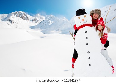 Winter Fun, Snowman And Happy Family