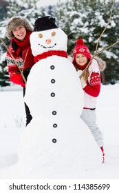 Winter Fun, Snowman And Happy Family