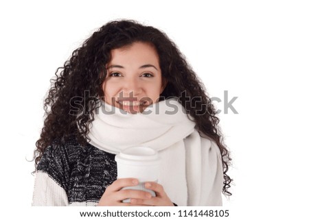 Winter girl drinking coffee to warm up. Isolated white background. Winter, people and drink concept.