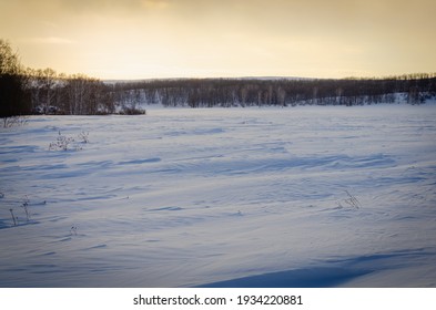 Winter Glade And Snow At Sunset.