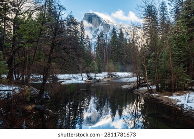 Winter Half Dome Reflection in Merced River, Yosemite