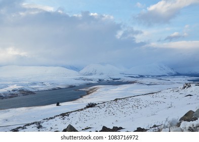 Winter With Heavy Snow Fall At Mt John. It's A Large Hill Overlooking Lake Tekapo, With 360-degree Panoramic Views Of The Mackenzie Basin. The Observatory Is The Best Place For Stargazing At Night.