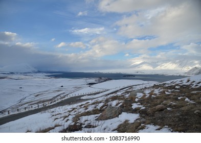 Winter With Heavy Snow Fall At Mt John. It's A Large Hill Overlooking Lake Tekapo, With 360-degree Panoramic Views Of The Mackenzie Basin. The Observatory Is The Best Place For Stargazing At Night.