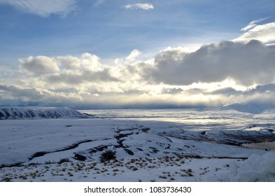 Winter With Heavy Snow Fall At Mt John. It's A Large Hill Overlooking Lake Tekapo, With 360-degree Panoramic Views Of The Mackenzie Basin. The Observatory Is The Best Place For Stargazing At Night.