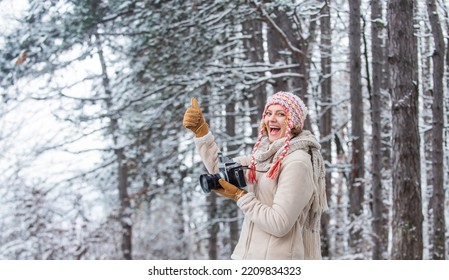 Winter hobby. Woman photographer professional camera. Inspiration create something special. Girl with vintage camera in snowy nature. Traveling concept. Capturing winter. Take stunning winter photos - Powered by Shutterstock