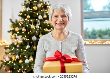 winter holidays and old people concept - happy smiling senior woman with christmas gift at home - Powered by Shutterstock