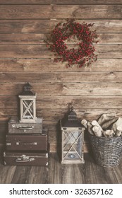 Winter Home Decor. Christmas Rustic Interior. Farmhouse Decoration Style.