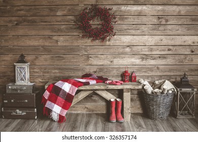 Winter home decor. Christmas rustic interior. Farmhouse decoration style.