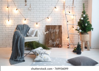 Winter Home Decor. Christmas Tree In Loft Interior Against Brick Wall.