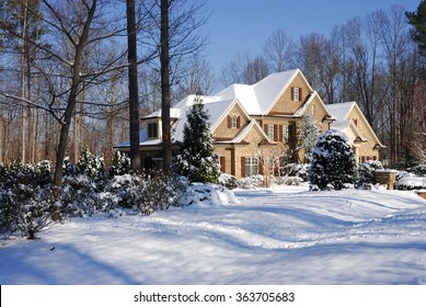 Winter Home, House In Woods After Snow In Sunny Day