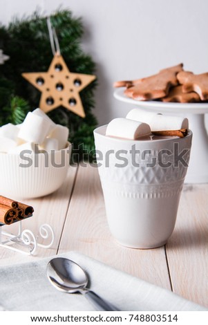 Winter hot drink, cacao with marshmallows and christmas cookies, spicy hot chocolate.