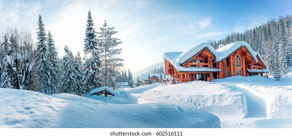 Winter House In Mountain Snow Panoramic Landscape At Christmas