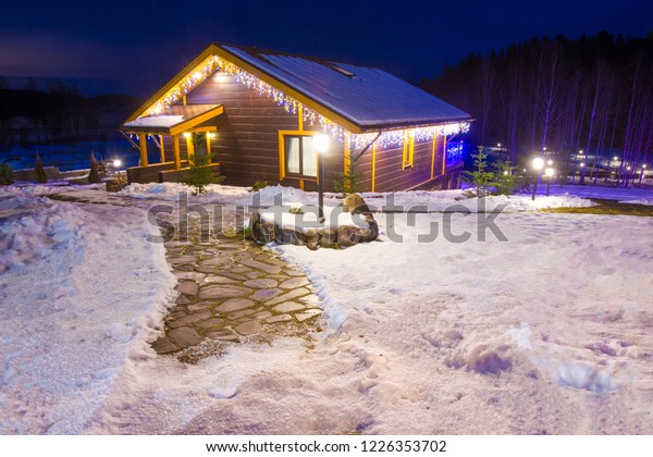 Winter House Snow Cottage Decorated Fluorescent Stock Photo Edit