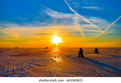 Winter Ice Fishing Sunrise Landscape