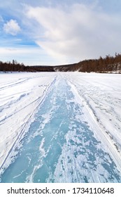 Winter Ice Road On The Chulman River In South Yakutia, Russia