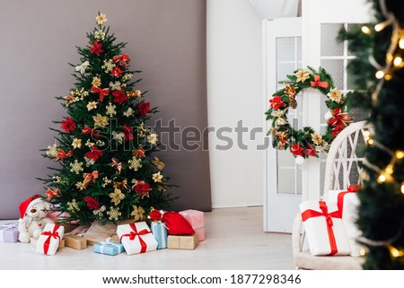 Winter interior Christmas tree pine with gifts decor new year