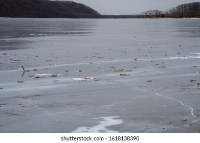 Winter lake with ice covered lake surface.