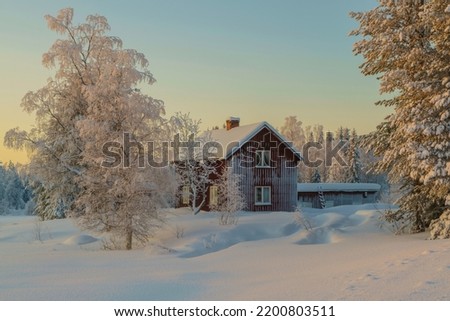 Winter landscape in afternoon light with nice color in the sky, snow on the trees and an old house, Gällivare county, Swedish Lapland, Sweden