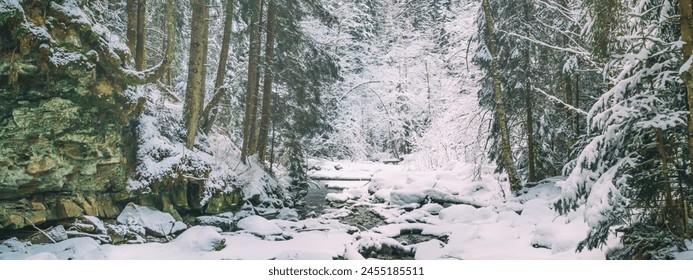 Winter landscape, banner - view of the river in the winter forest in the Carpathian mountains after snowfall - Powered by Shutterstock