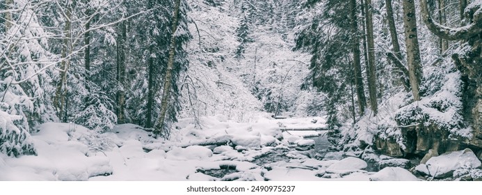 Winter landscape, banner - view of the river in the winter forest in the Carpathian mountains after snowfall - Powered by Shutterstock