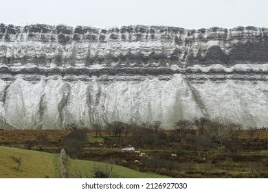 Winter Landscape At Benbulben Mountain Featuring Car Travelling Along Road In Middle Ground