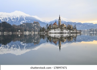 Winter Landscape Of Bled Lake In Slovenia