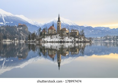 Winter Landscape Of Bled Lake In Slovenia