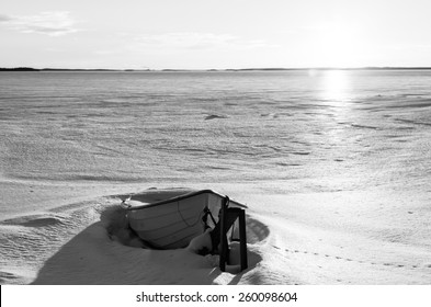 Winter Landscape With Boat In Black And White