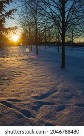 Winter Landscape In Braunschweig, Lower Saxony, Germany. Snow Covered City Park During Sunset On A Beautiful Sunny Winter Day