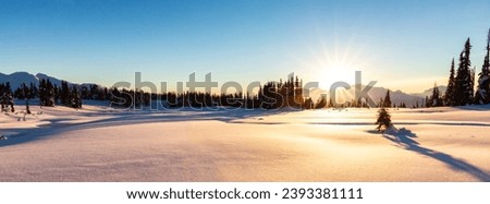 Winter Landscape in Canadian Mountain Landscape. Colorful Sunset Sky Art Render. Garibaldi, Whistler, BC, Canada.