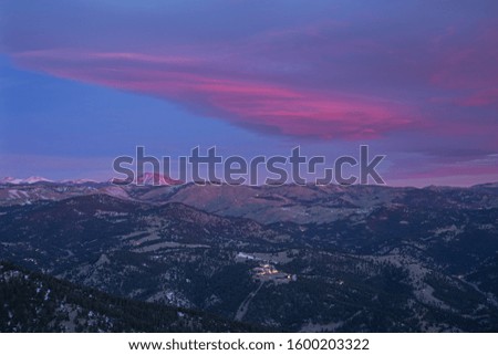 Winter landscape at dawn of the Front Range of the Rocky Mountains from Lost Gulch Overlook, Flagstaff Mountain, Boulder, Colorado, USA