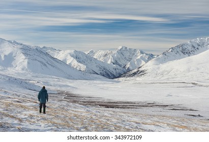 Winter Landscape. Dramatic Overcast Sky.Severe Mountains Peaks Covered By Snow. Russia, Siberia, Altai Mountains, Chuya Ridge.