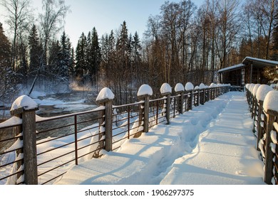 Winter Landscape From Finland. River On A Frosty Winter Morning, A Lot Of Snow. 2021