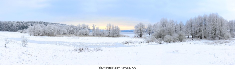 Winter Landscape With Frozen Lake And Snowy Trees